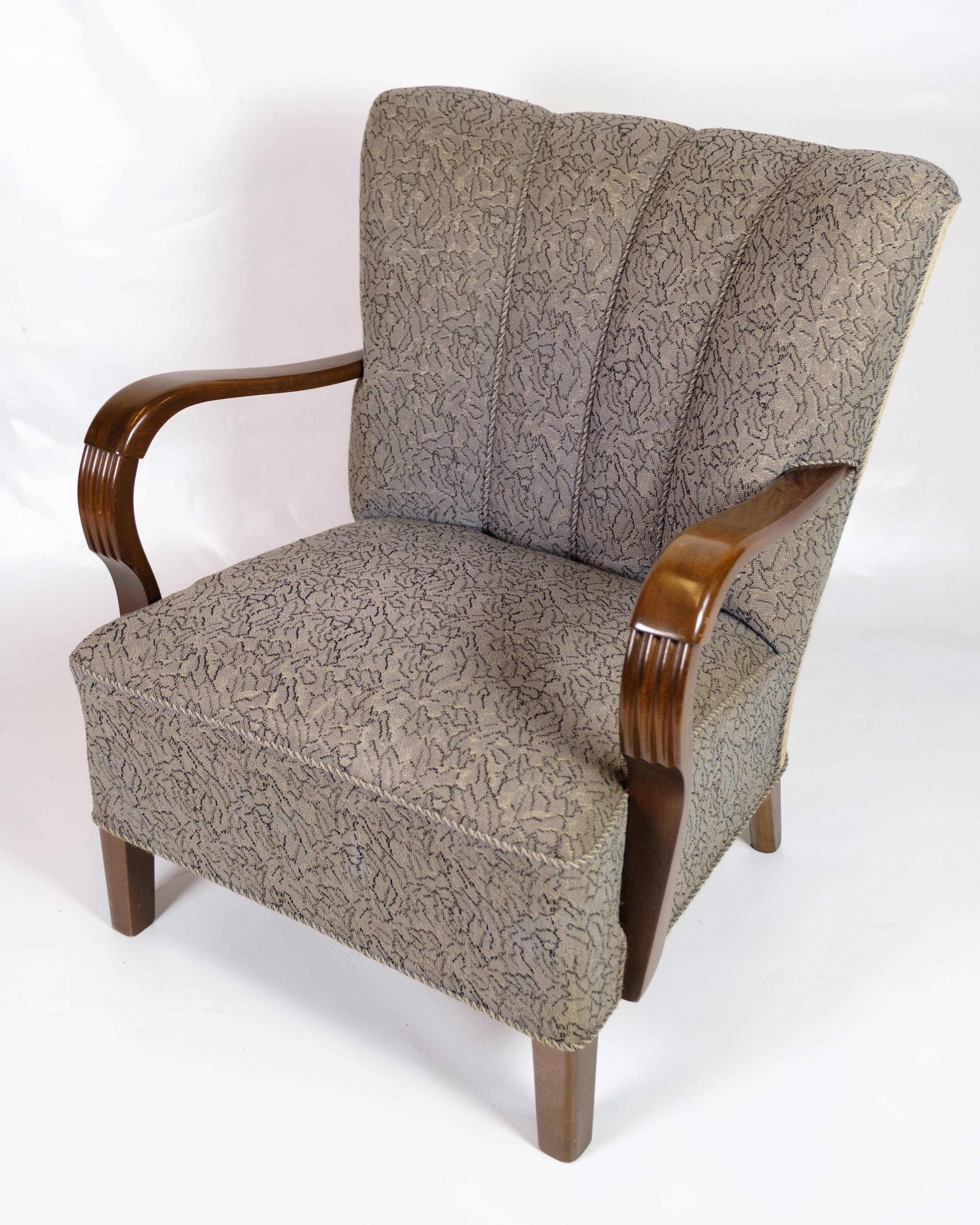 Set Of Two Armchairs In Floral Fabric & Dark Polished Wood, Danish Design From 1960s