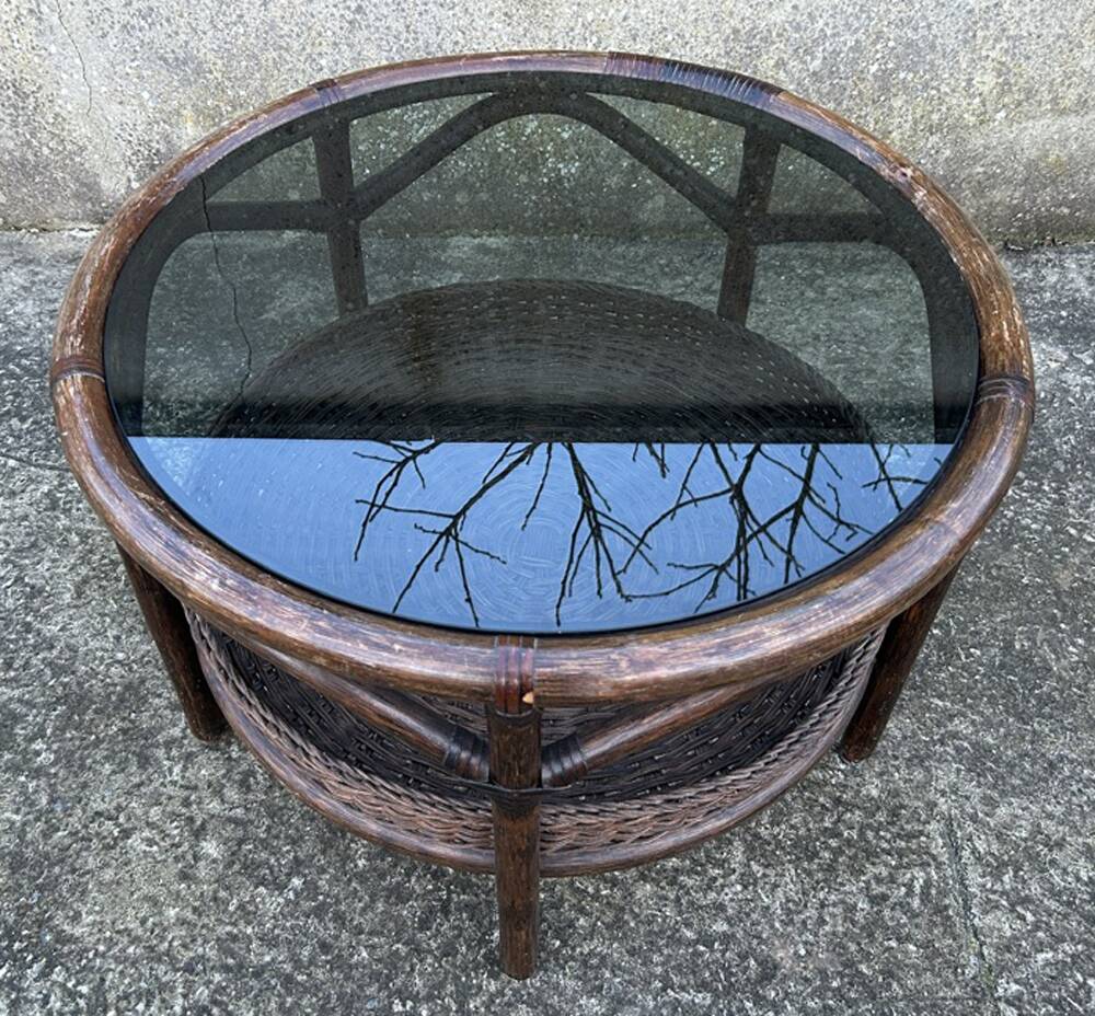 Round rattan and bamboo coffee table, vintage 1960