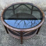 Round rattan and bamboo coffee table, vintage 1960