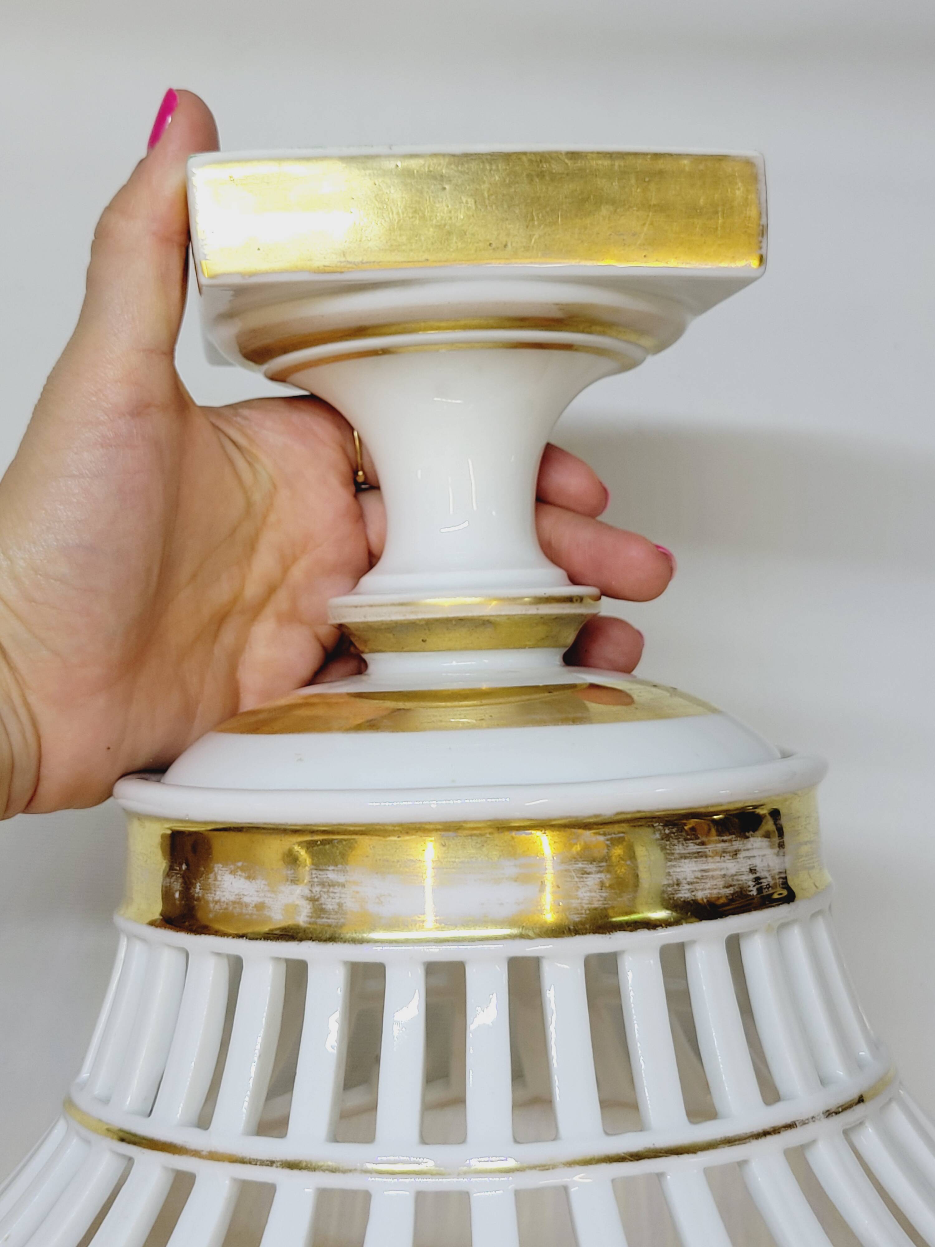 Bowl on Pedestal Openwork Basket White and Gold Porcelain Restoration E