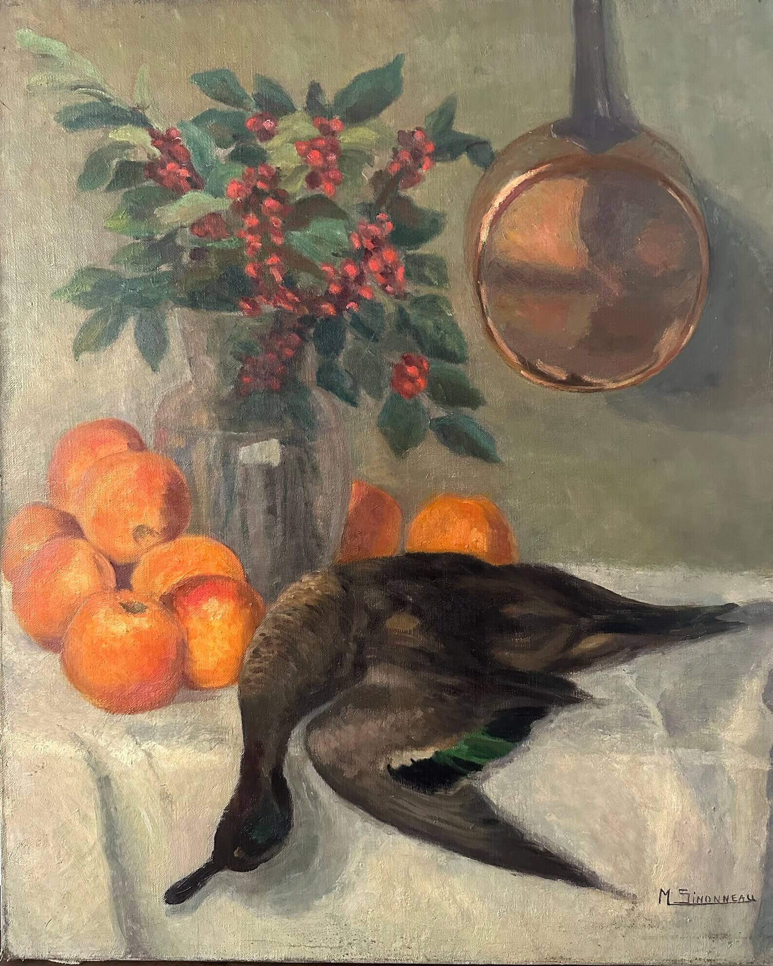 Painting still life orange duck bouquet oil on canvas signed