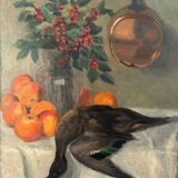 Painting still life orange duck bouquet oil on canvas signed