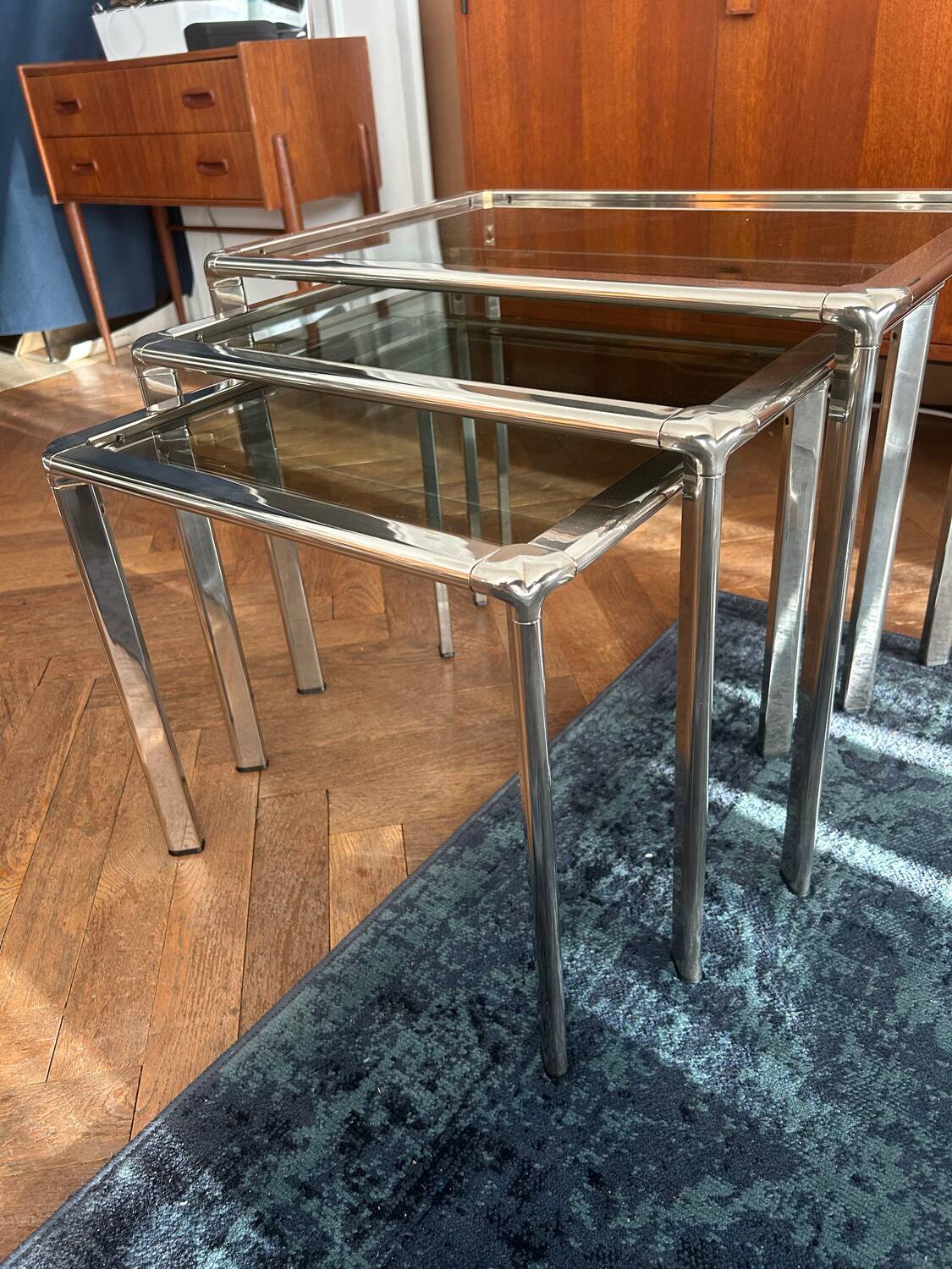 Chrome nesting tables designed and produced by Fratelli Orsenigo.