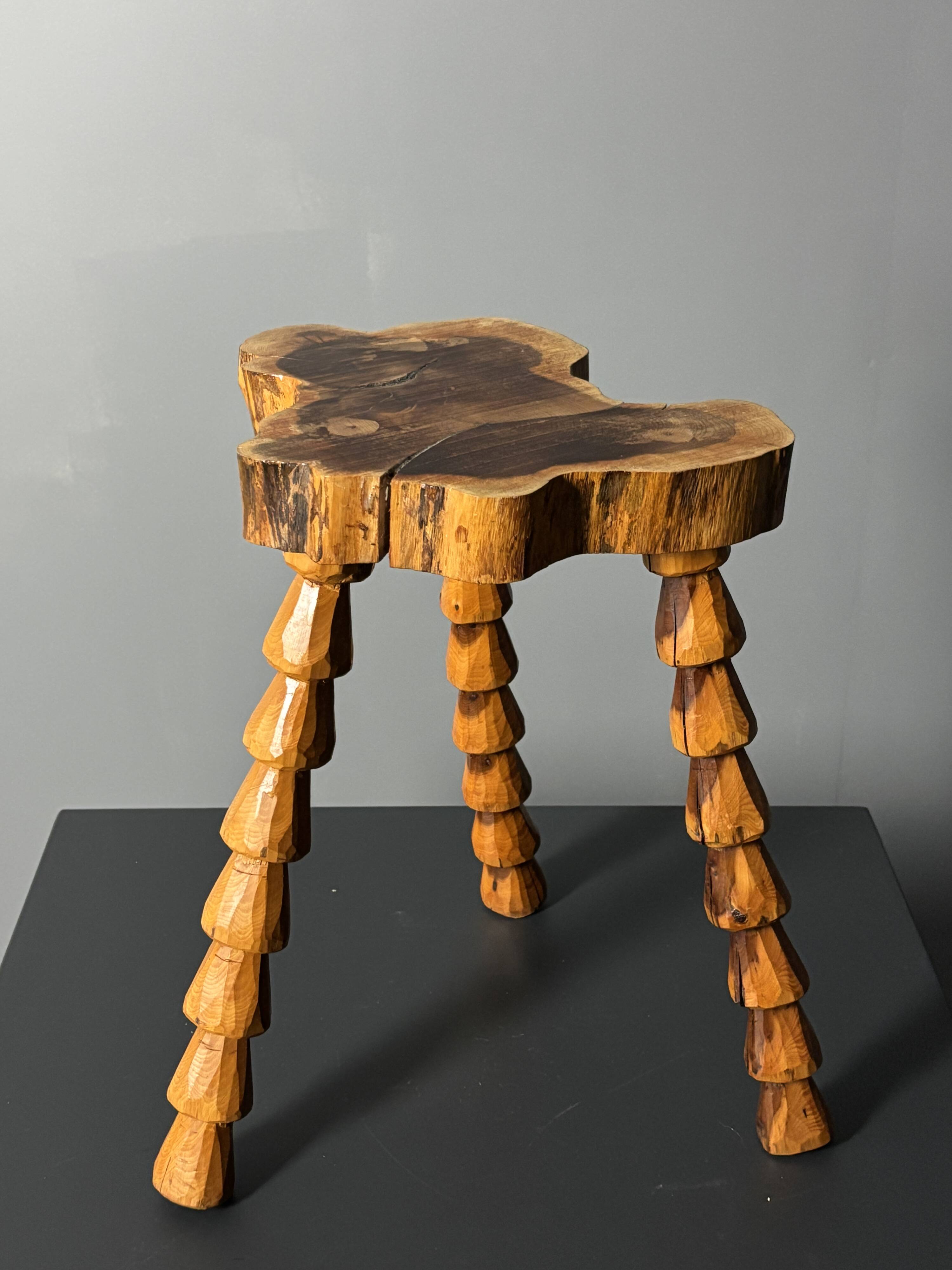 Midcentury brutalist artisanal wood turned handmade tripod stool, ca 1960s