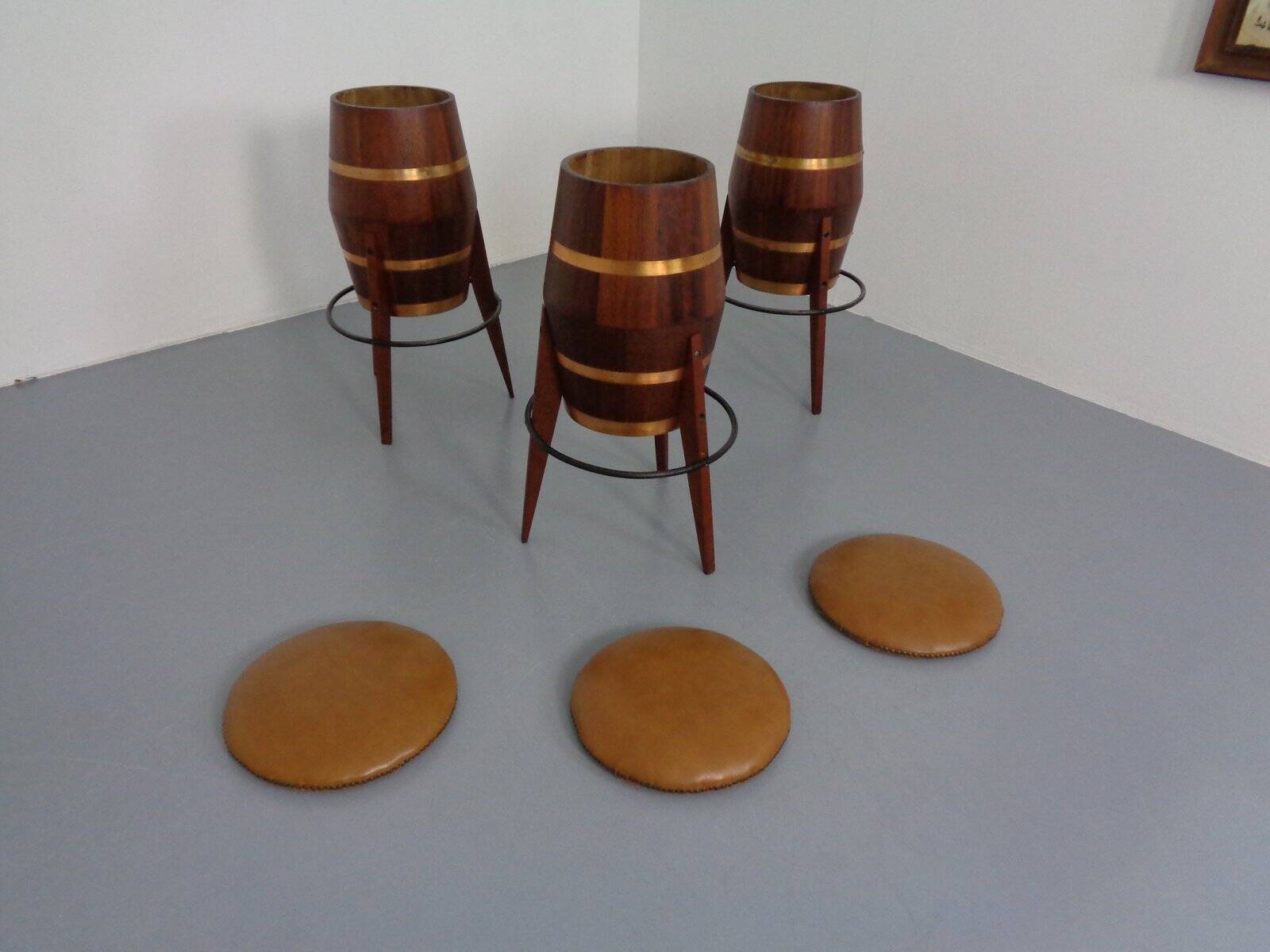 Mid-Century Teak & Copper Bar Stools, 1960s, Set of 3