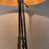 Contemporary mushroom lamp, wrought iron base and shaded orange glass shell