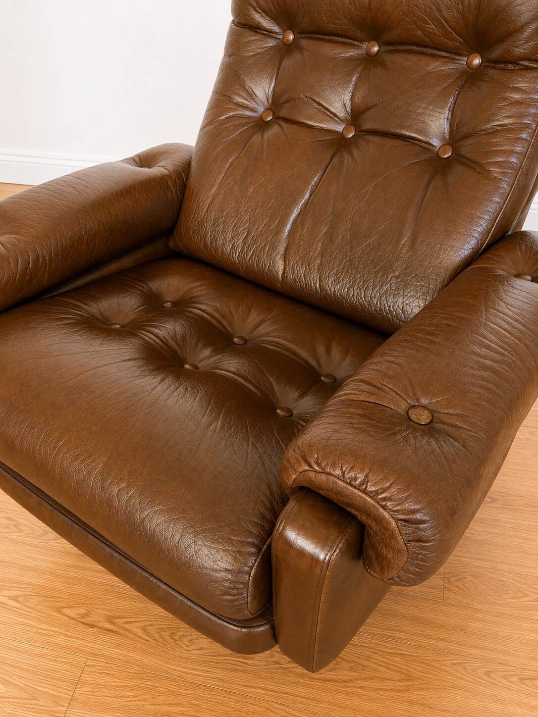 Vintage Danish mid-century brown leather swivel chair 1970s