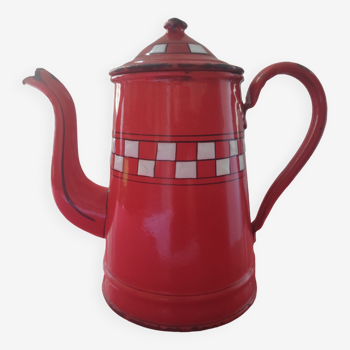 Old red enamelled coffee maker lustucru decoration in relief