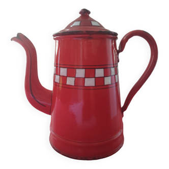 Ancienne cafetière émaillée rouge décor lustucru en relief