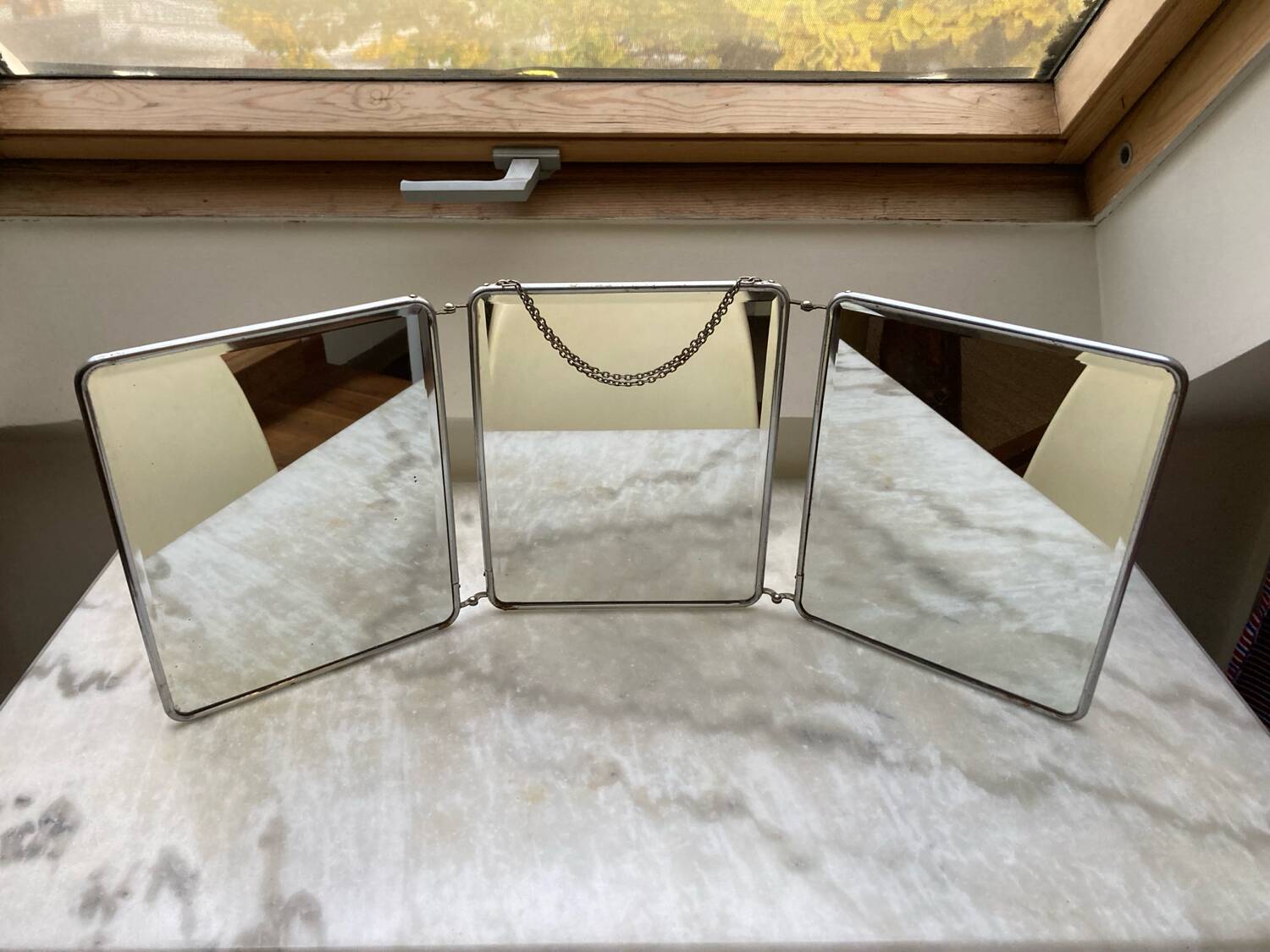 Vintage vertical beveled triptych barber mirror