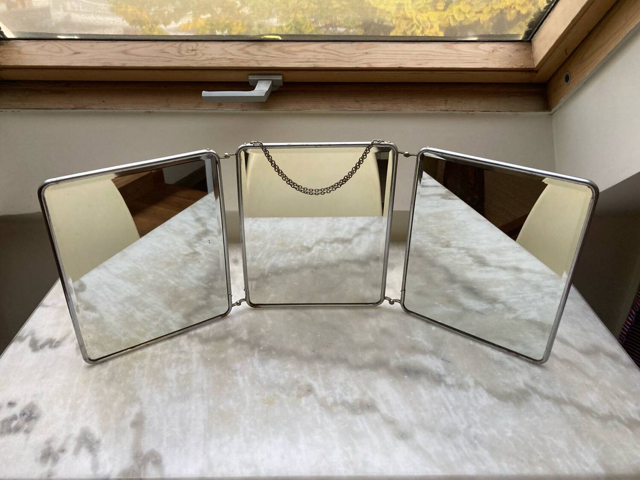 Vintage vertical beveled triptych barber mirror