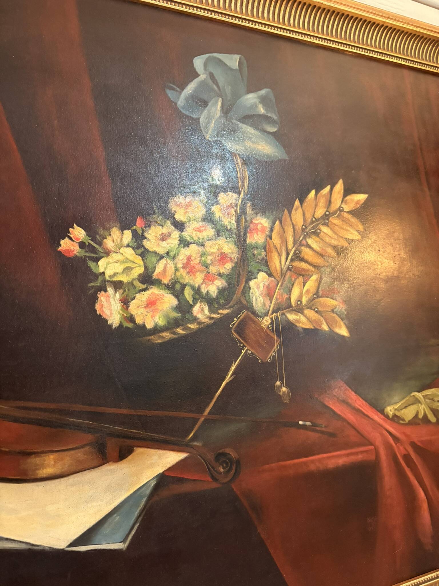 Old painting still life feather violin book lamp flowers