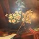 Old painting still life feather violin book lamp flowers