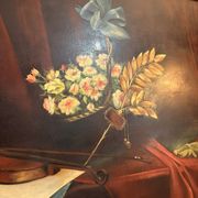 Ancien tableau peinture Nature Morte Plume violon Livre Lampe Fleurs