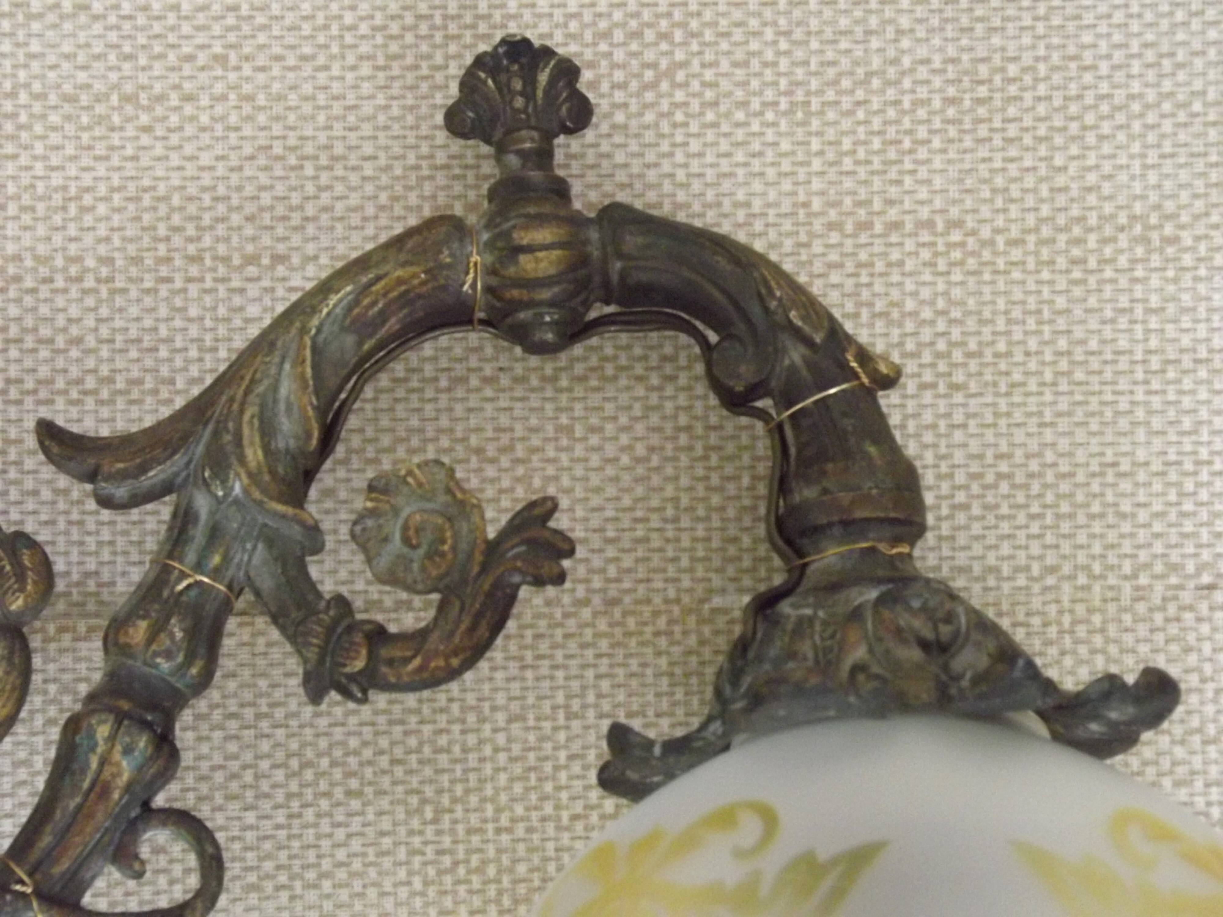 French antique electrified old brass gas mantle with patterned glass shade 4971.