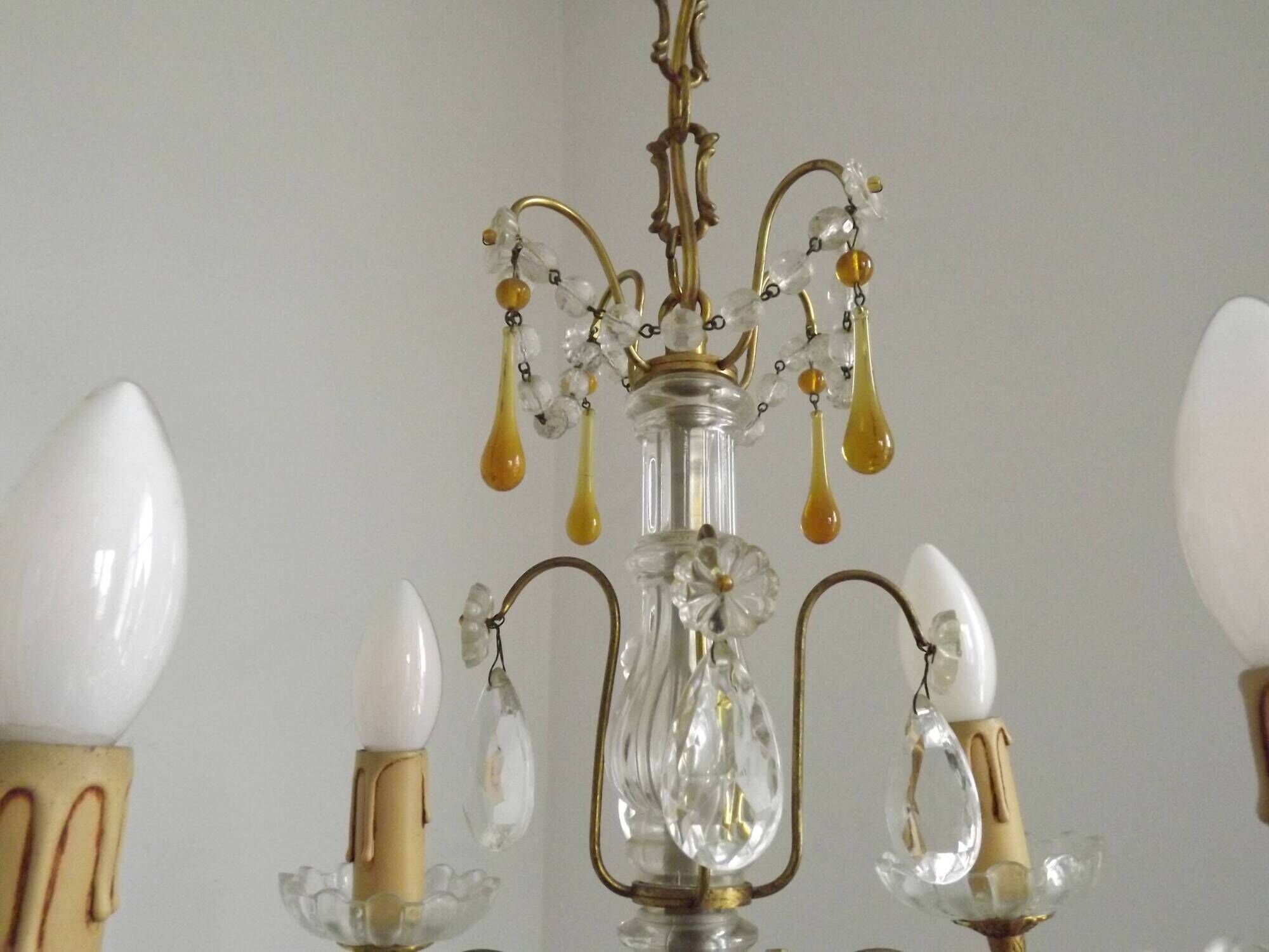 Vintage 4-Light Bronze, Glass & Crystal Chandelier with Amber Glass Drops