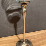 Glass photophore on high metal stand with silver patina