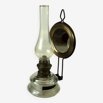 1900s antique oil lamp with mirror, made of glass and metal