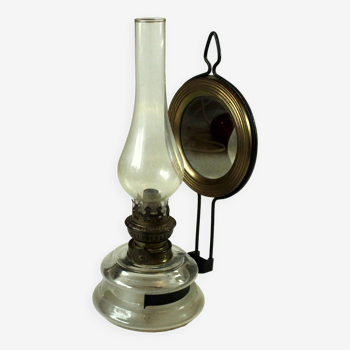 Lampe à huile antique des années 1900 avec miroir, en verre et métal