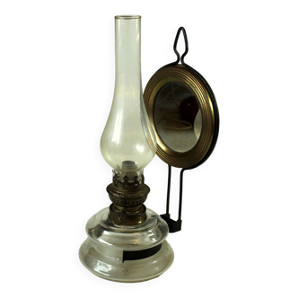 Lampe à huile antique des années 1900 avec miroir, en verre et métal