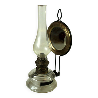 1900s antique oil lamp with mirror, made of glass and metal