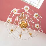 Large golden Italian chandelier with white opaline drops.