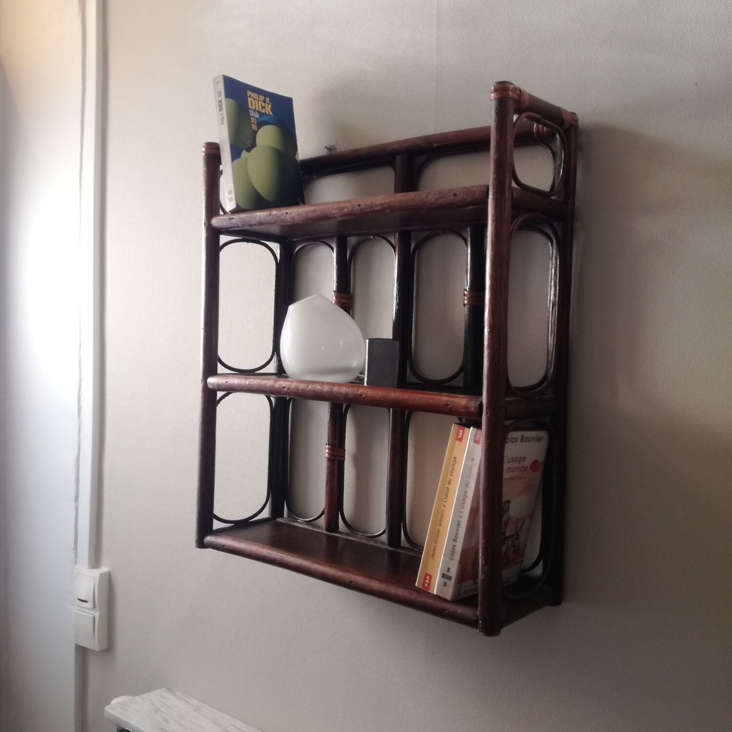 Wall shelf with 3 rattan shelves, 1970s