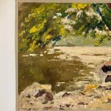 Peinture à l'huile sur toile "Forêt, rivière et barque" n°17