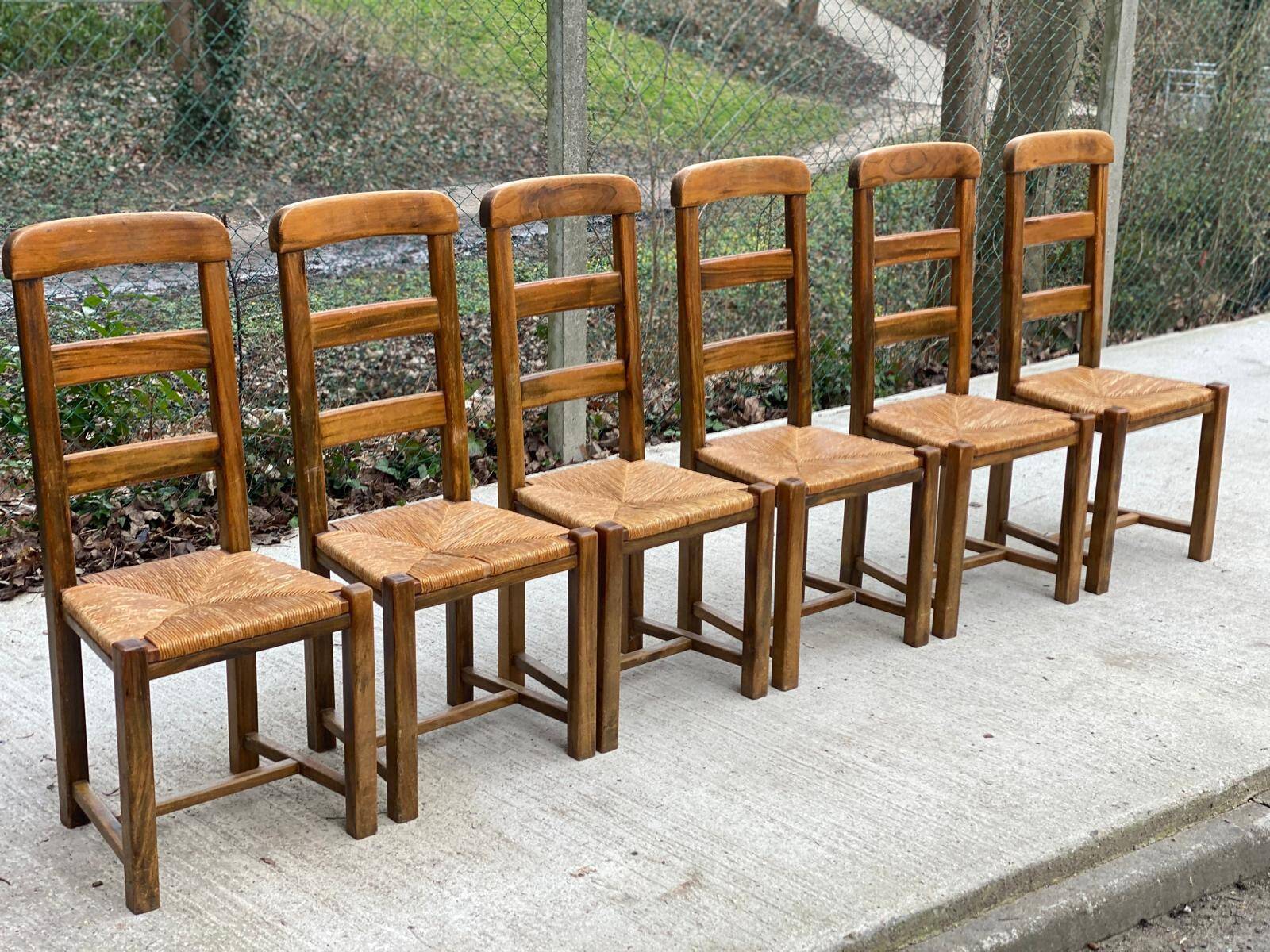 6 vintage solid oak wood straw dining chairs