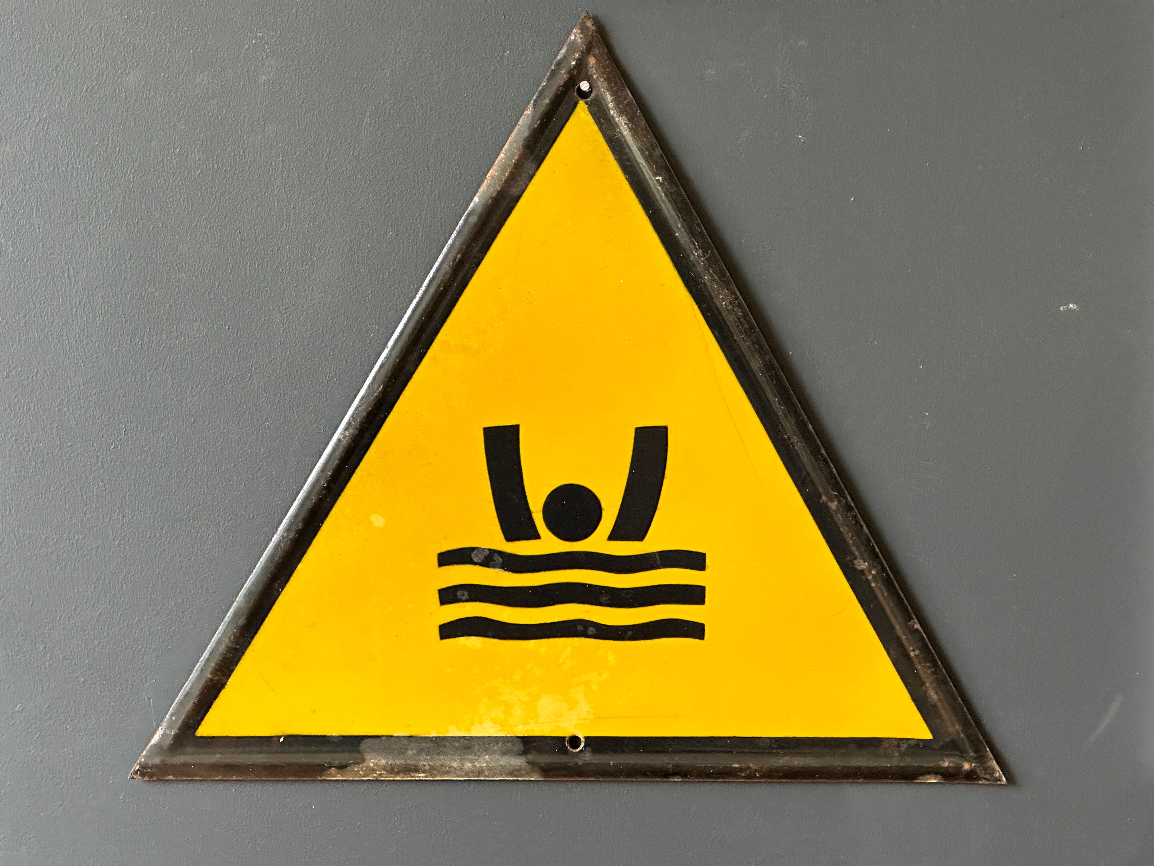Drowning man danger warning sign vintage european 1980's industrial enamel