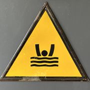 Drowning man danger warning sign vintage european 1980's industrial enamel