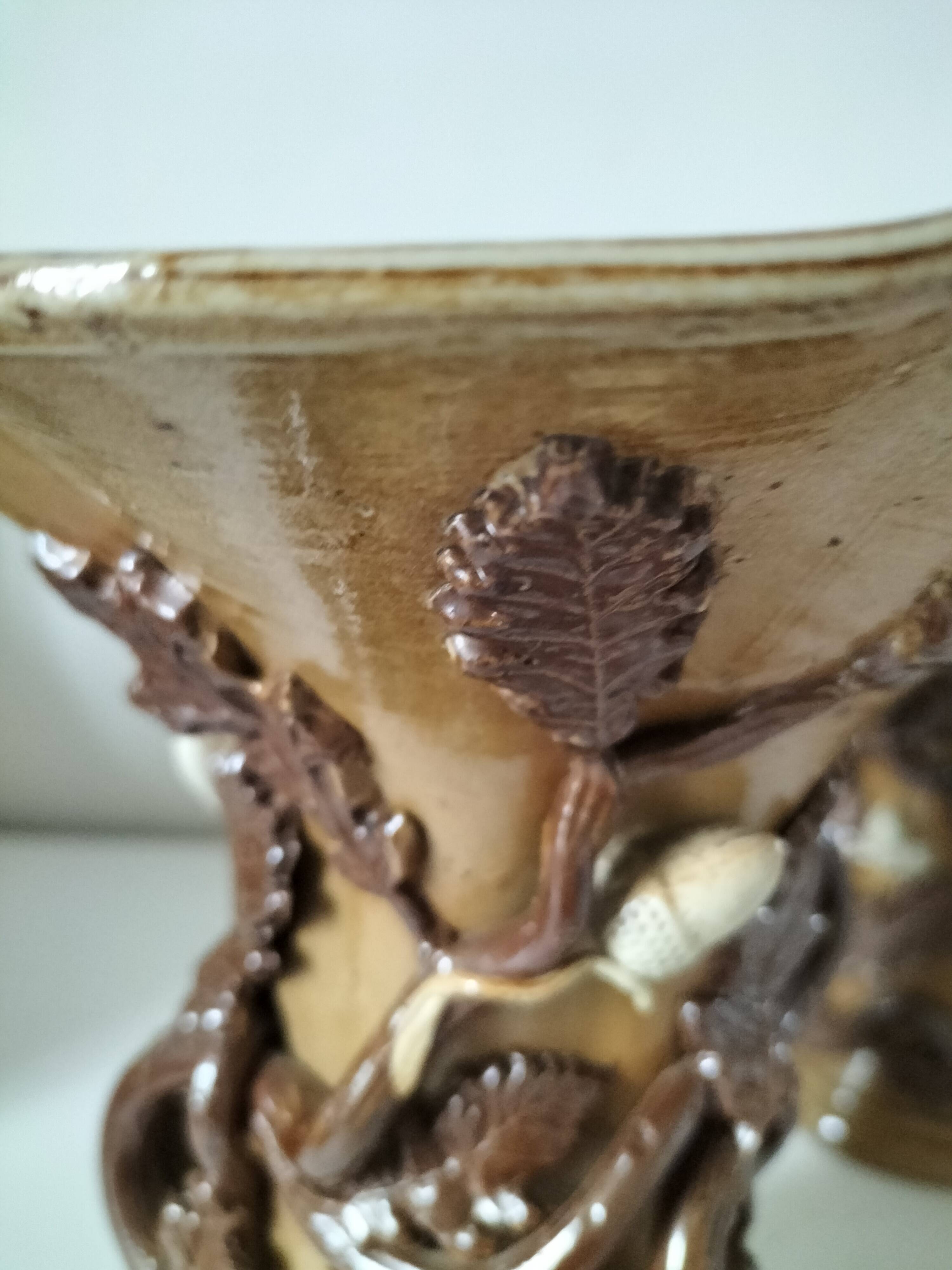 Duo of naturalistic stoneware vases – oak branches & acorns in relief
