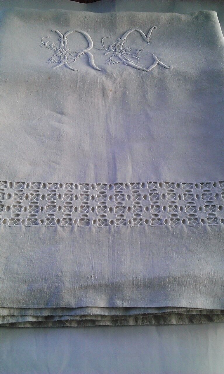Large sheet 2places embroidered linen R C broad day