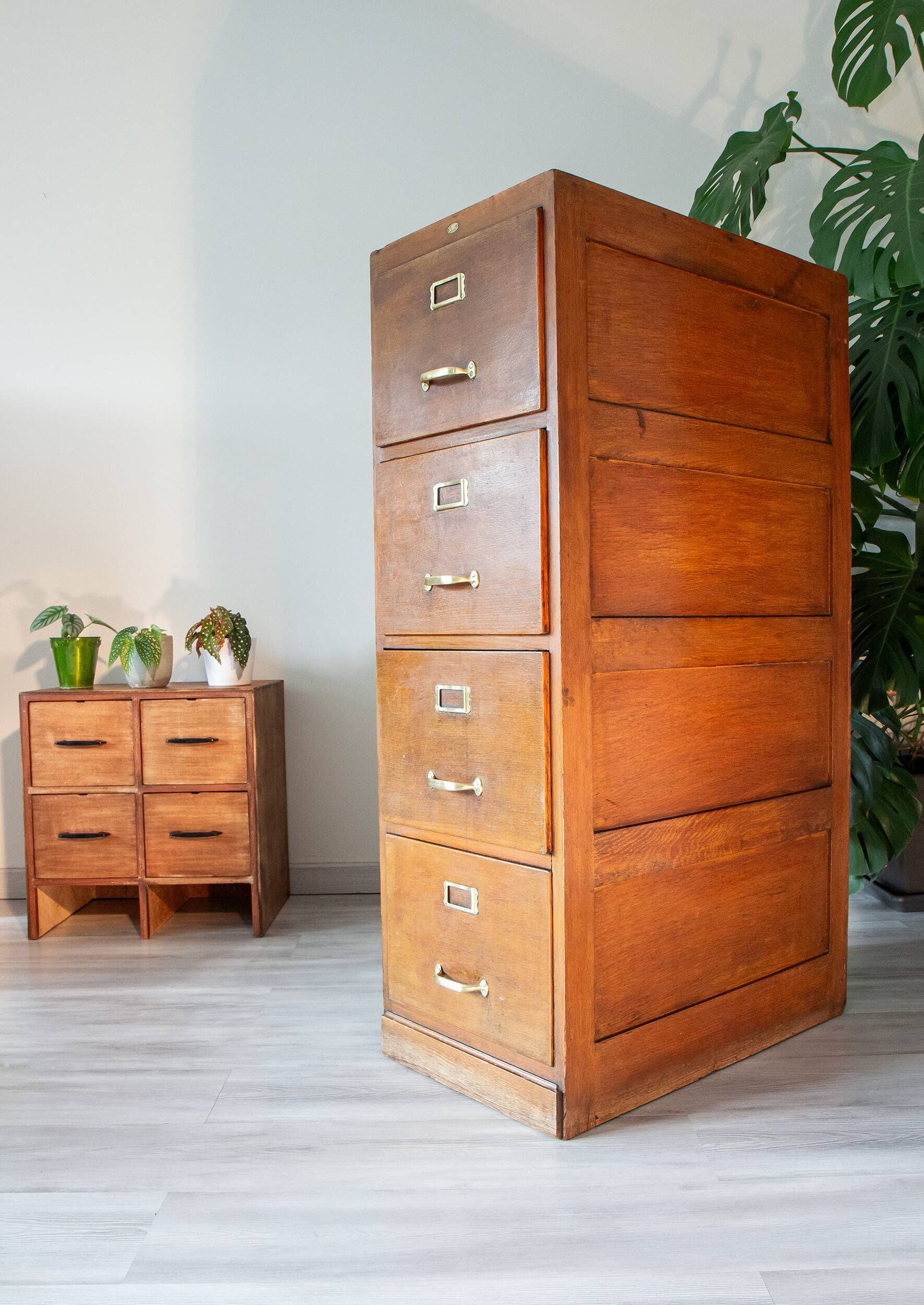 Old file cabinet, oak and brass, early 20th century