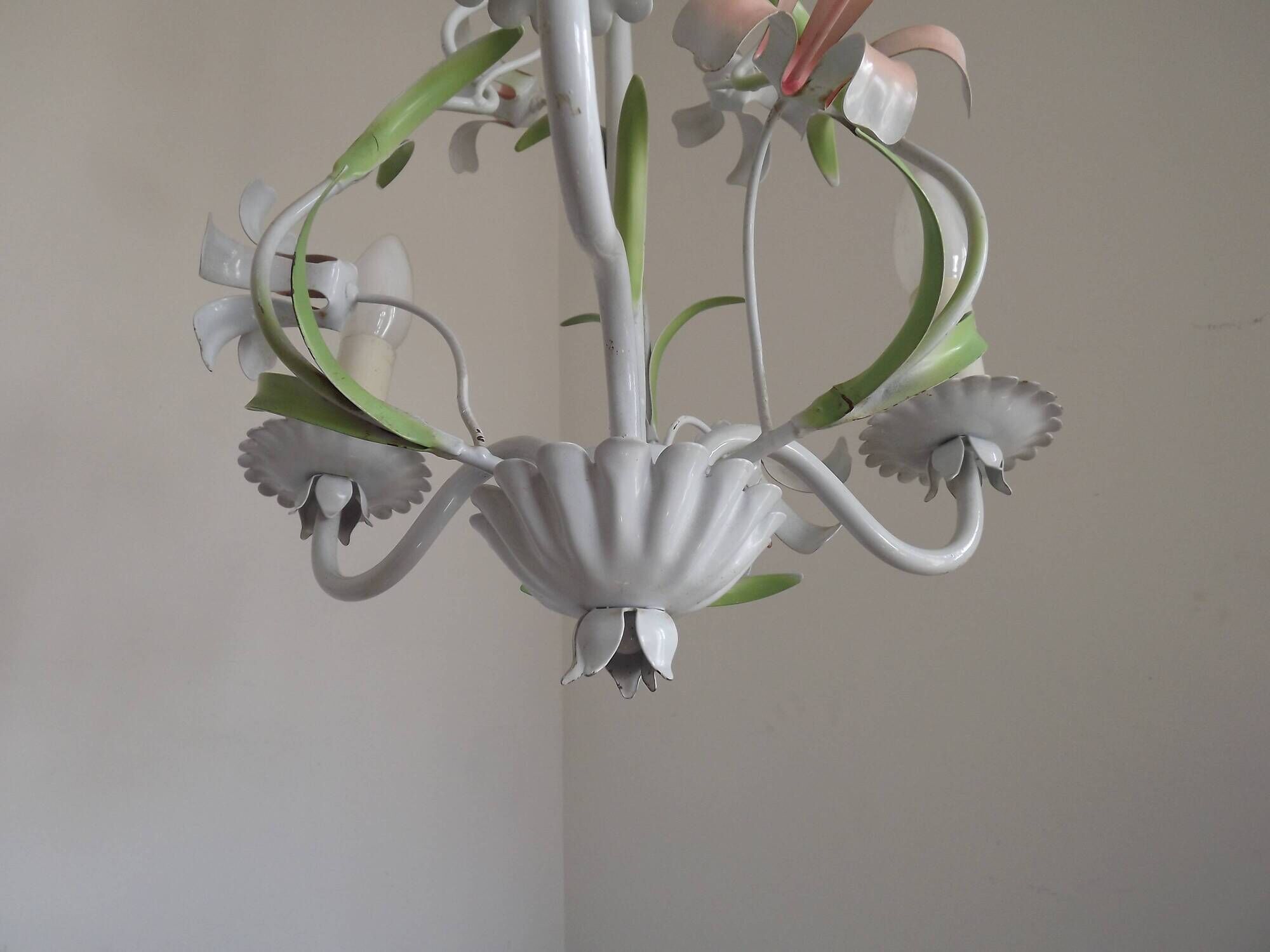 French Vintage 3 Light Pink Lily Flower Cage Style Metal Chandelier 5470
