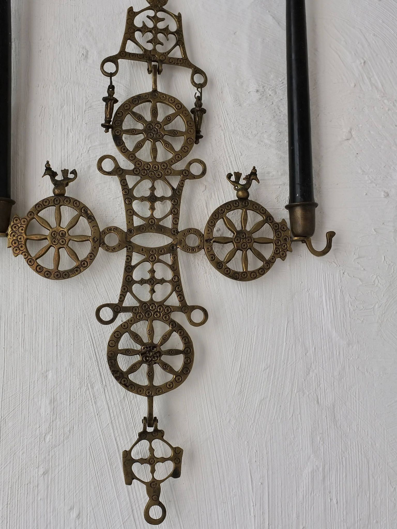 Arts & Crafts brass cross hanging candle holder | 1920s