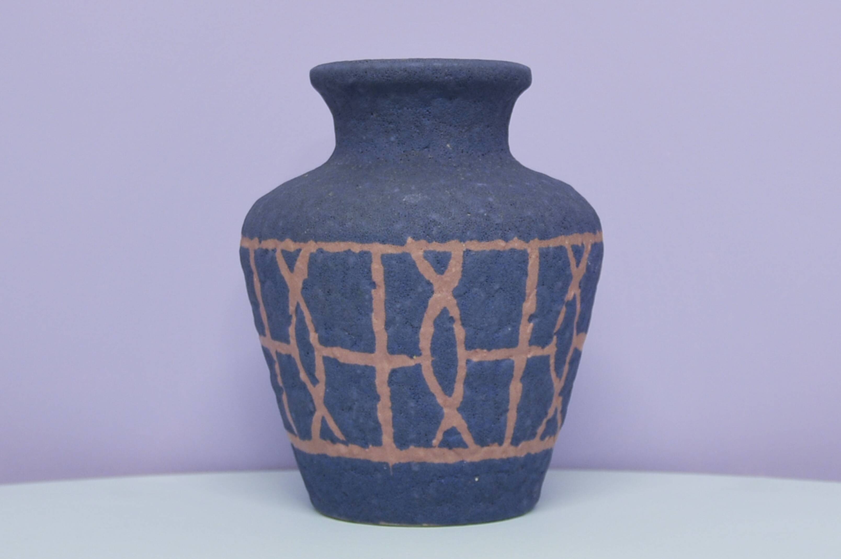 vintage matt blue & brown drawing West Germany vase Bay