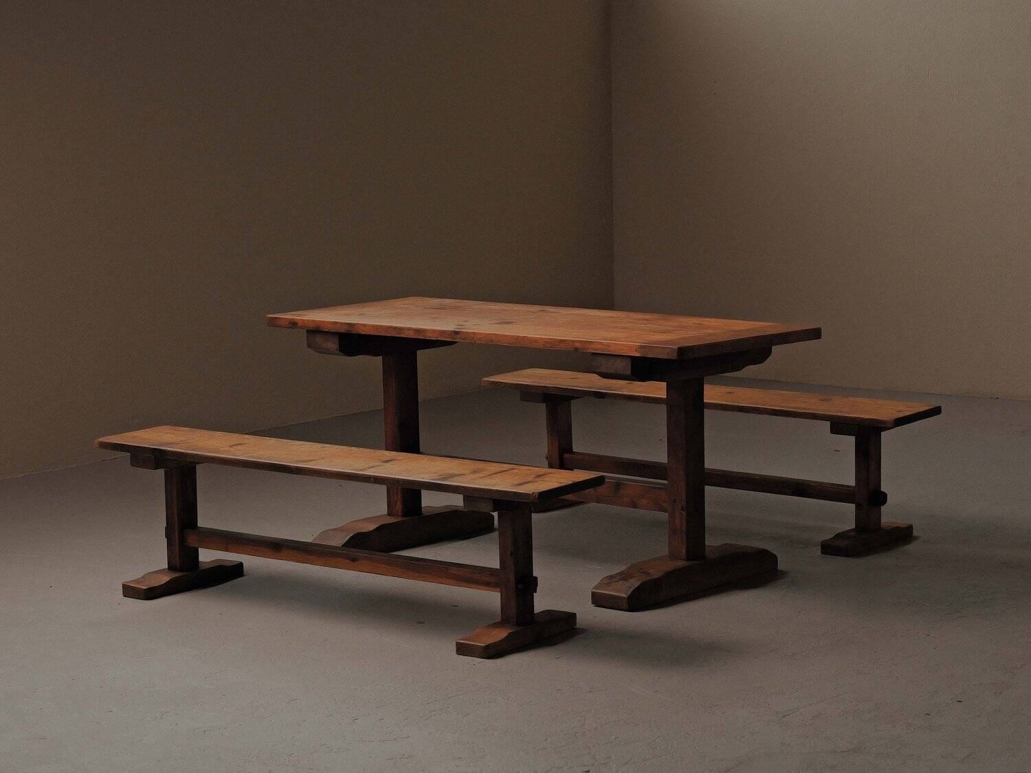 Table and pair of benches in solid pine – France, circa 1970
