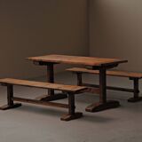 Table and pair of benches in solid pine – France, circa 1970