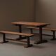 Table et paire de bancs en pin massif – France, vers 1970