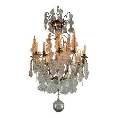 Lustre cage en bronze garni de pampilles en verre moulé en forme de plumes de paon vers 1800
