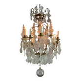 Lustre cage en bronze garni de pampilles en verre moulé en forme de plumes de paon vers 1800