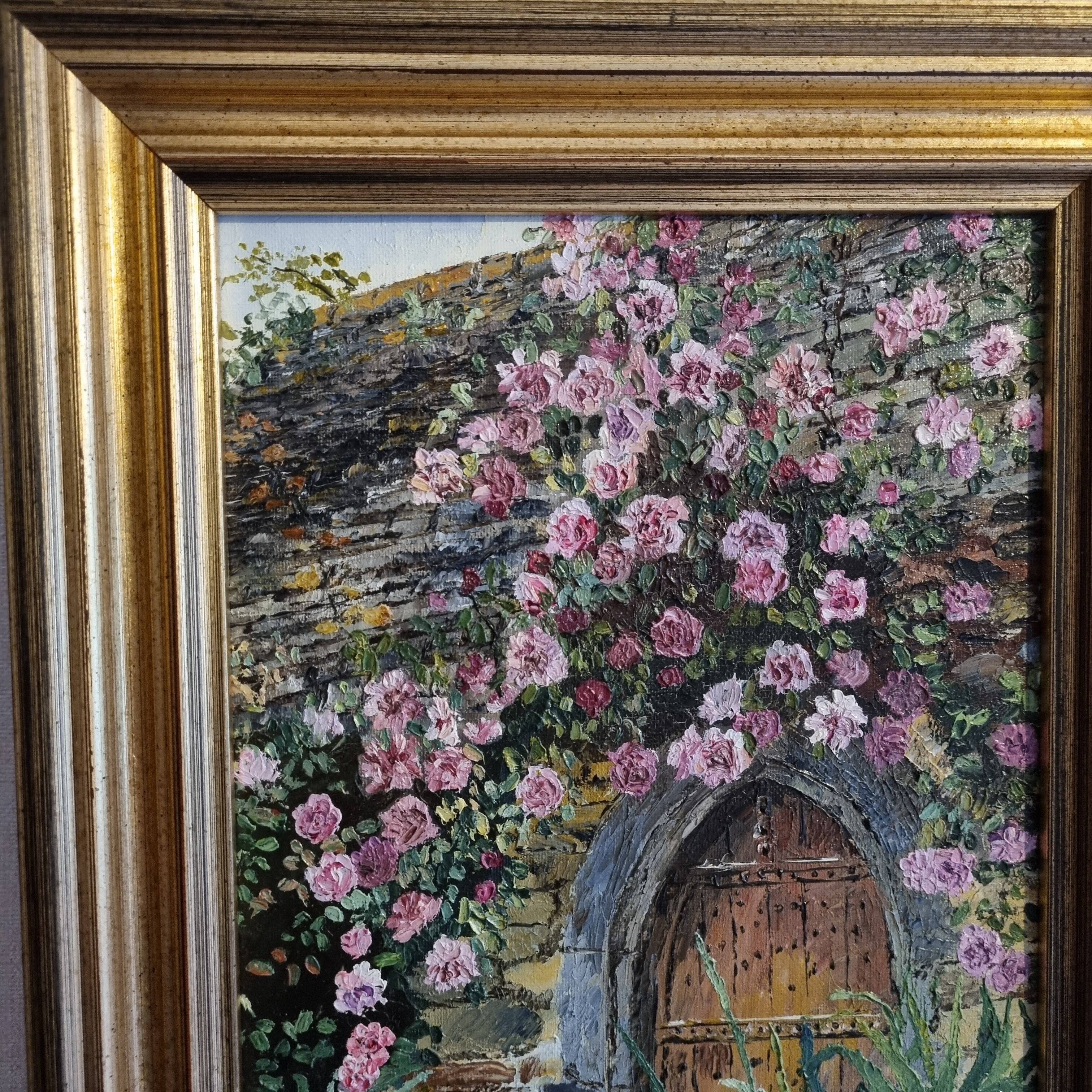Oil on canvas signed flowered house golden frame