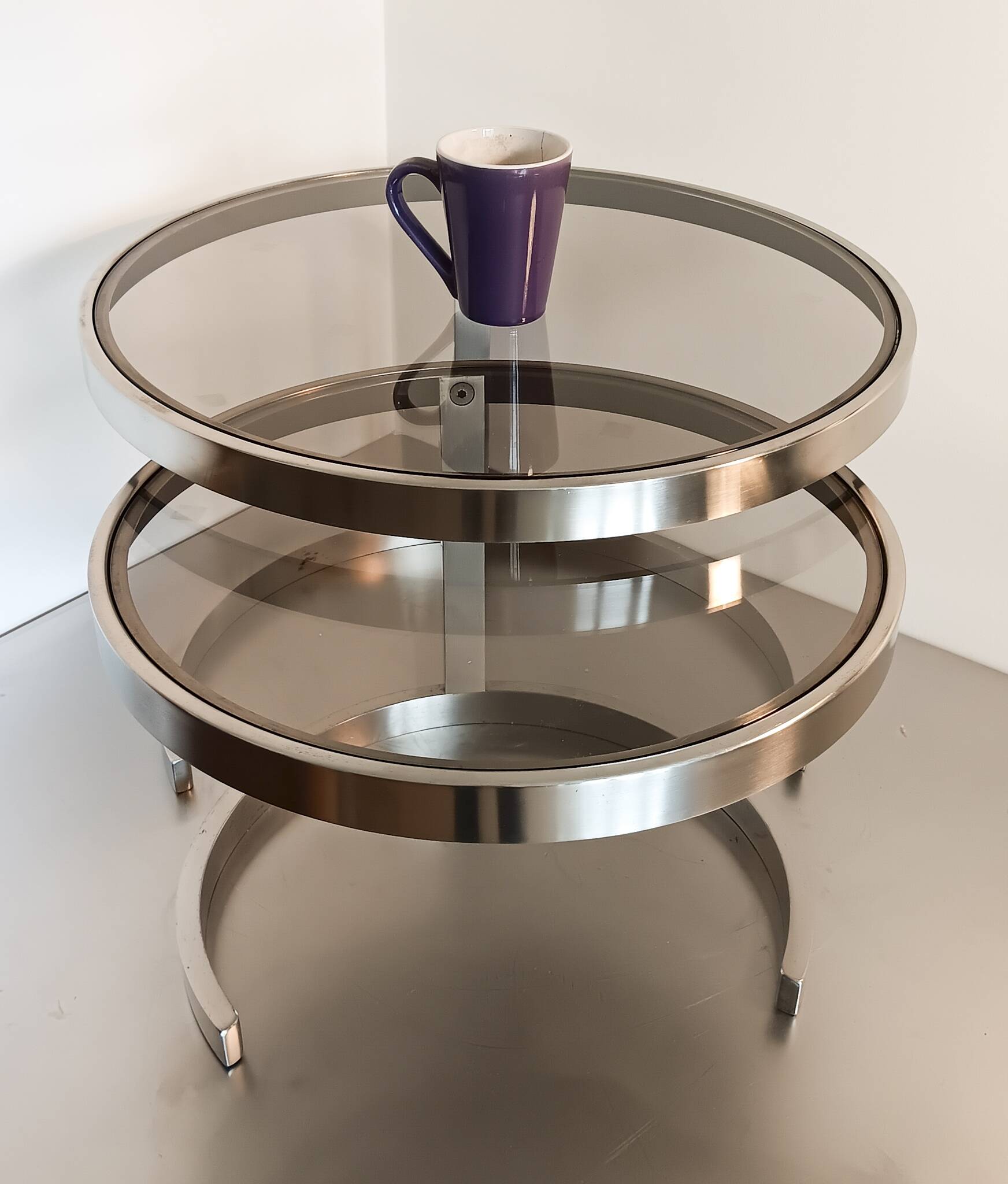 2 vintage 1970s smoked glass and brushed metal nesting coffee tables