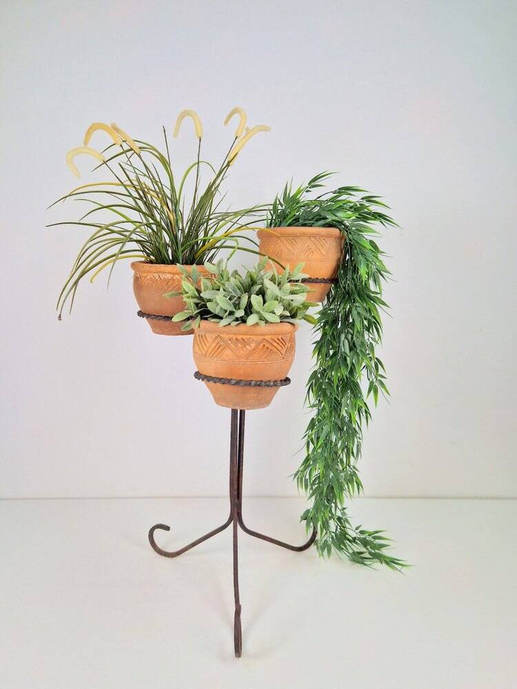 Brutalist Wrought Iron Plant Stand with Handmade Terracotta Pots, 1970s, Set of 4