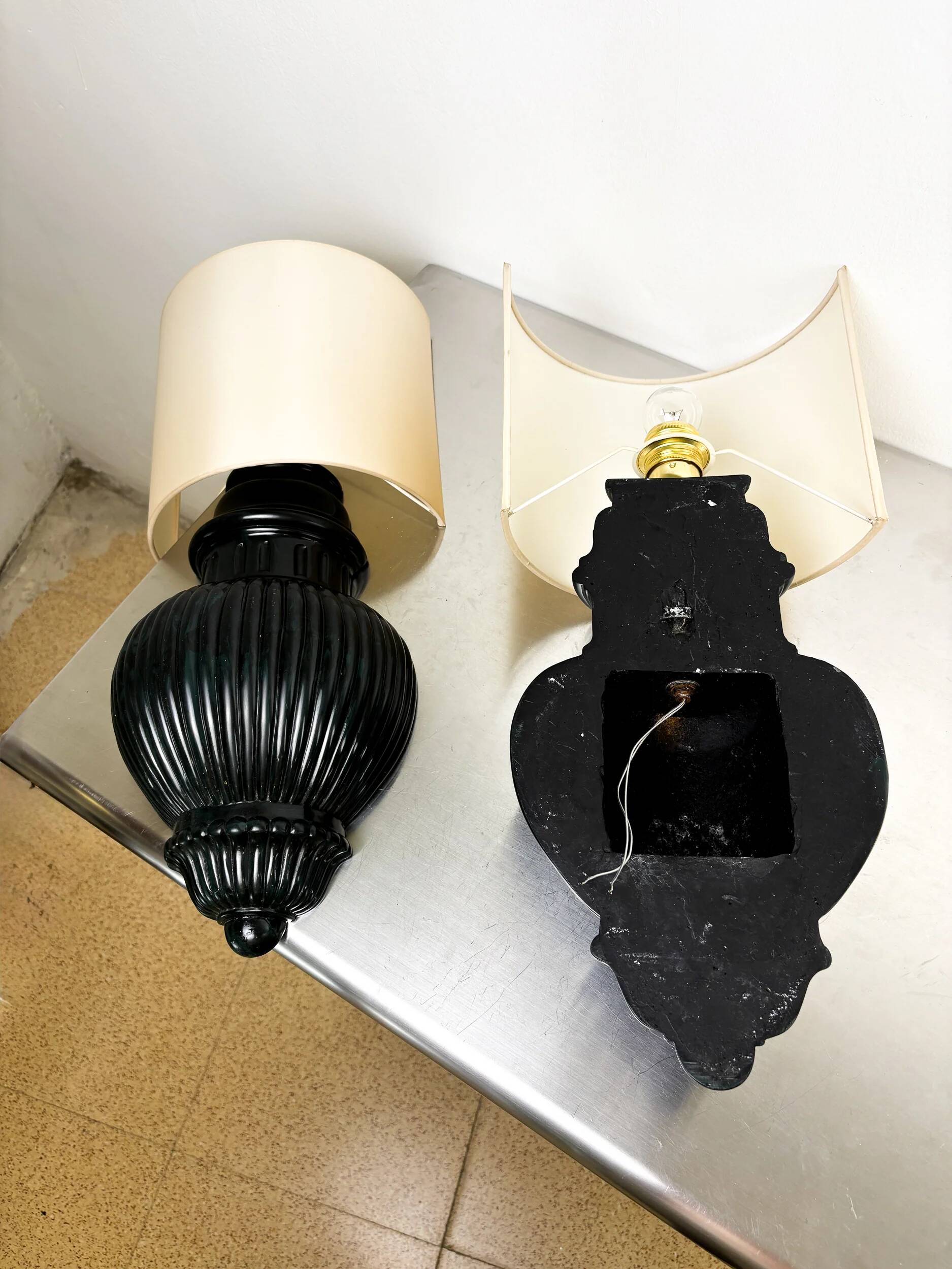 Pair of Art Deco wall lights with shades in glazed cast ceramic,Italy,1970s