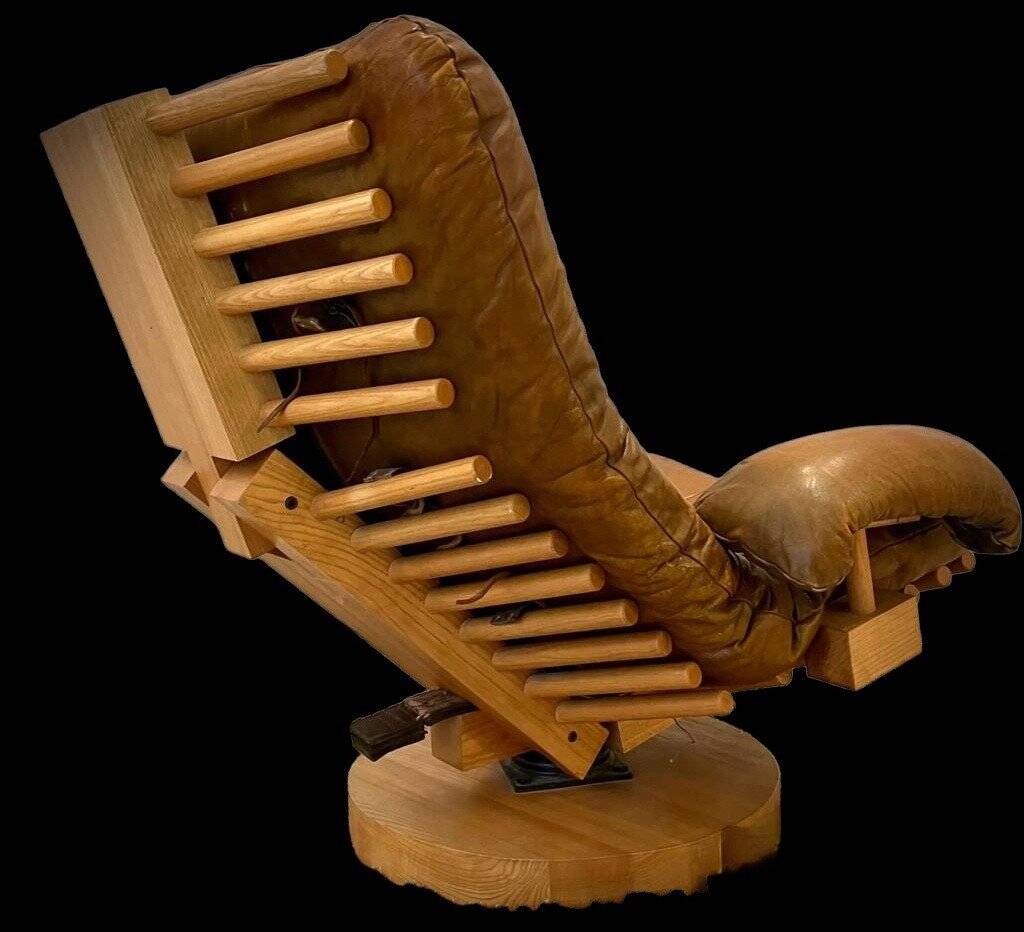 Brutalist koala leather and solid elm lounge chair by of blaha circa 1960