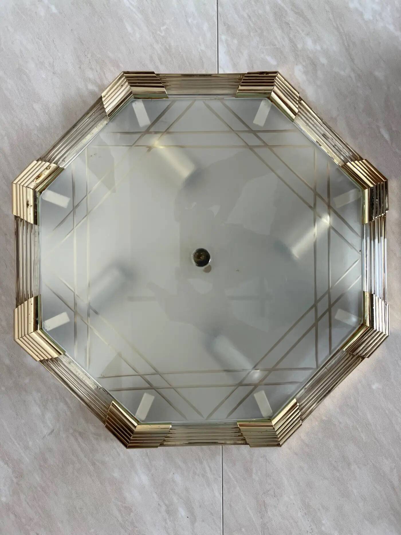 Midcentury brass/glass ceiling lamp/flush mount or wall lamp, 1960s