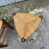 Pair tripod stool vintage design wood and straw