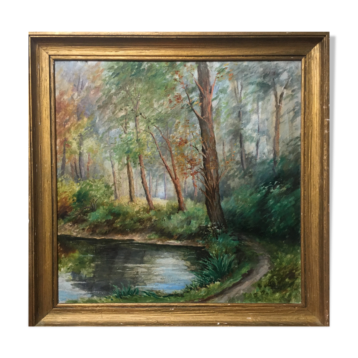 Painting "Pond in the undergrowth" HSP signed, early twentieth century with frame
